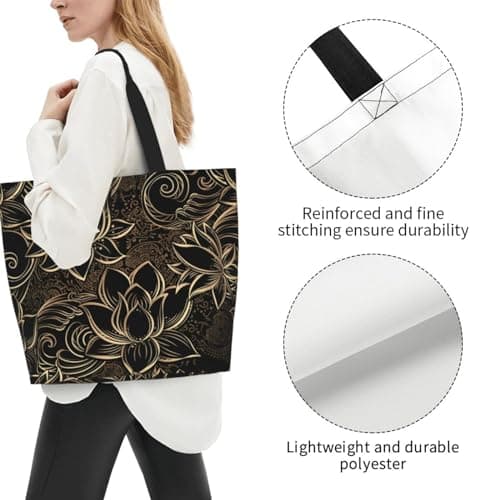 AABSTBFM Boho Gold Lotus Flowers Printed Shopping Bags For Women Ladies Girls - Large Reusable Waterproof Shoulder Tote Bag, Grocery Bags, Shopper Handbag, And Beach Bag — view 3