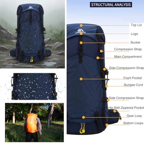 Hnayett 60L Hiking Backpack Waterproof Rucksack Large Camping Bag with Rain Cover for Men Women Lightweight Back Pack for Trekking Walking Cycling Climbing Travelling Outdoor Sports — view 3