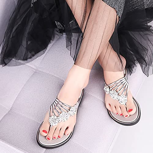 Women's Sparkly Flip Flops Diamante Sandals Glitter Slides Mules Thong Flat Shoes Summer Beach Travel Stylish Comfortable Lightweight Casual Holiday Footwear UK 4.5-6 (Silver, 6) — view 3