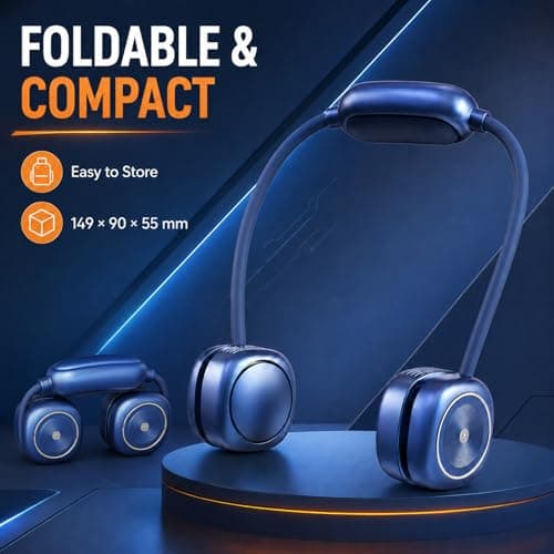 LUCYLANKER Foldable Neck Fan, Portable Neck Fan Rechargeable, Bladeless Quiet 360° Adjustable Personal Fan, 3 Speeds Hands Free Wearable Fan for Travel, Walking, Camping, Office, Navy Blue — view 2