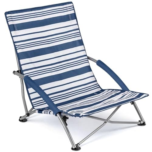 Trail Sisken Low Folding Beach Chair, Navy Blue Stripes