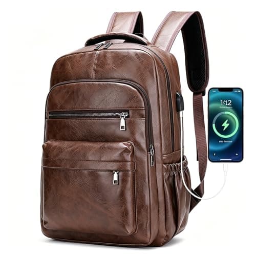 Lumavox Laptop Backpack Mens Travel Backpack with USB Charging Port, 15.6 inch Laptop Rucksack Water Resistant Leather Travel Rucksack Computer Bag, Coffee