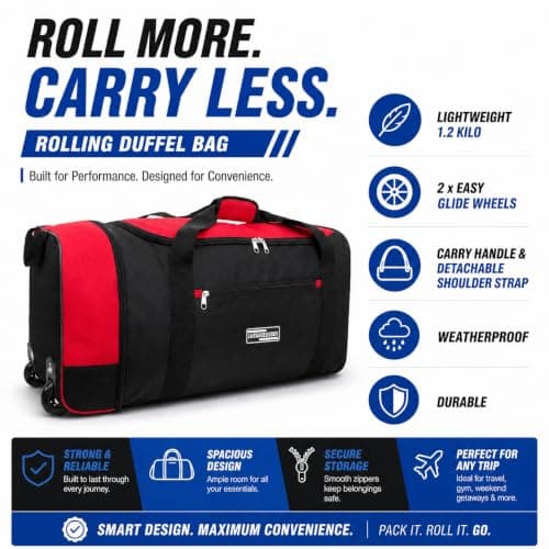 Large Holdall with Wheels, 82L Wheeled Duffle Bag, Black Rolling Travel Bag, Soft Luggage with Zipped Pockets for Holidays, Weekend Trips, Sports, Gym & Overnight Travel — view 6