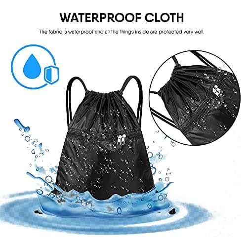 SAWANS Drawstring Bag String Gym Sack Drawstring Sports Bag Swim Men Women Sack Outside Pocket Zipper PE Backpack Beach School Holidays Swimming Travel Boy Girl Waterproof (Black) — view 3