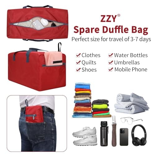 ZZY 35L Foldable Travel Duffle Bag, 22-Inch Packable Small Duffel Bag Lightweight Holdall for Camping, Storage, Travel-Red — view 2