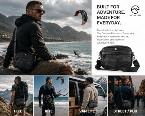 Outside edge Mens small Crossbody Bag, Sling Bag, Everyday Carry Shoulder Bag, Water resistant Urban Travel messenger bag for mens essentials and tech, EDC Bag, Black Camo Compact Side Bag. — view 2