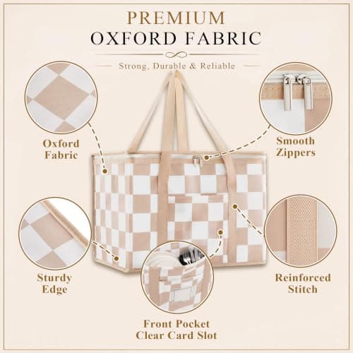 Ohocut Checkered Cooler Bag, Large 40L Foldable Insulated Grocery Shopping Bag, Checkerboard Cool Insulated Food Delivery Bag for Picnic, Camping, Travel (Beige) — view 5