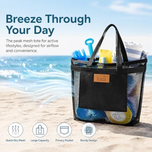 TESSTSY Lightweight Foldable Mesh Beach Bag, 30x9x28 cm Pool Tote with Zip — view 5