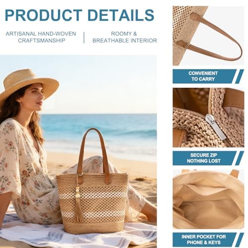 CorkAllin Straw Beach Tote Bag for Women - Woven Raffia Summer Bag, Lightweight Foldable with Zipper Pocket for Travel Picnic Shopping (A-Brown) — view 6
