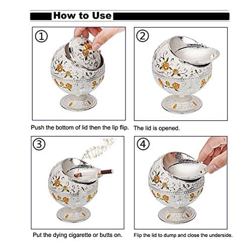 LAUYOO Windproof Ashtray with Lid for Cigarettes Metal Portable Cigar Ashtray Odor Eliminator for Indoor outdoor Hand Stamped Rose Pattern with Sparkle Fancy Gift for Men Women(Silver-Green Leaf) — view 4