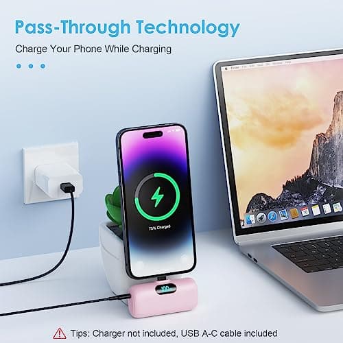 5000mAh Mini Power Bank for iPhone, Upgraded 15W PD Fast Charging Portable Charger, LCD Display 3.0A Small Battery Pack Compatible with iPhone 14/14 Pro Max/13/13 Pro Max/12/11/XR/X/8/7/6 etc-Pink — view 4