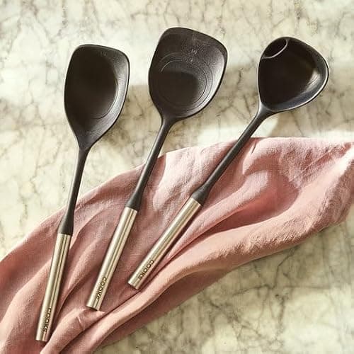 Cooks Professional 3 Piece Silicone Utensil Set with Stainless Steel Handles | BPA-Free Scratch-Resistant Serving Spoon, Rounded Turner & Ladle | Strong Kitchen Cooking Tools | Black & Silver — view 2