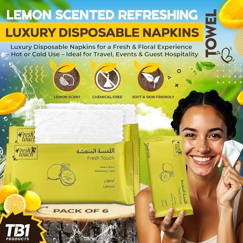 TB1 Products Luxury Towel Wipes 6 Pack – Fresh Lemon Scent – Large 25x25cm Disposable Towels – Individually Wrapped Soft Napkins for Face, Hands & Body – Hot or Cold Use for Travel & Events — view 2