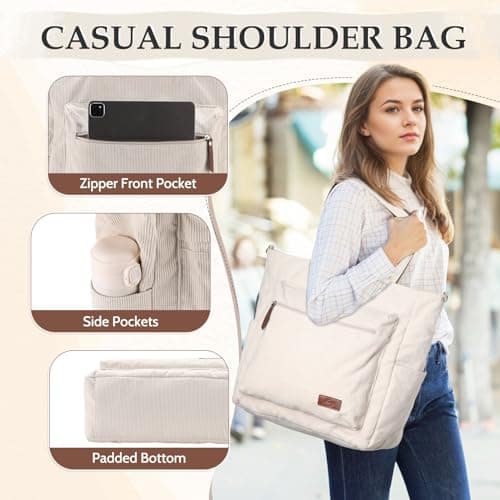Kasgo Corduroy Tote Bag for Women, XXL 15.6" Laptop Work College Bag, Beige — view 5