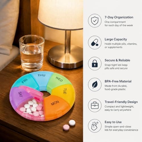 Weekly Pill Box Organiser, 7 Day Round Tablet Organiser, Easy Open Snap Shut Lids Portable Travel Pill Case, Rainbow Medicine Organiser Tablet Box for Vitamins Supplements Medication — view 5