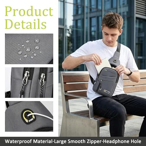 Cross Body Bag Women Men, Waterproof Shoulder Bag Sling Chest Bags with Headphone Port Small Side Bags Crossbody Man Bag for Travel Gym Hiking Running Outdoor Sports Festival Shoulder Backpack (Grey) — view 6