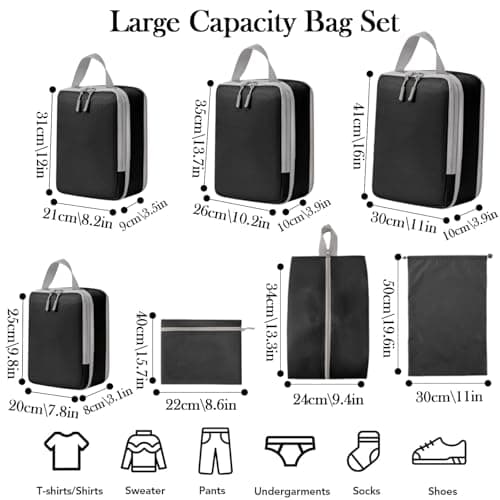 7PCS Compression Packing Cubes Set, Travel Luggage Organiser Bags for Suitcases & Backpacks, Space-Saving Packing Organisers for Trips (Black) — view 2