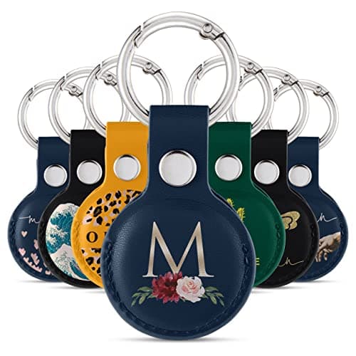 Tirita Personalised Case Keyring Holder Compatible with Apple AirTag 1 & 2 - Leather Case with Key Ring for Apple Air Tag [09- Roses Monogram Gold on Blue]