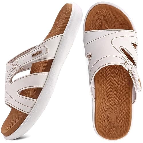 KuaiLu Womens Fashion Orthotic Sliders Ladies Lightweight Athletic Yoga Mat Sandals Slip on Thick Cushion Slippers Sandals with Comfortable Plantar Fasciitis Arch Support KhakiWhite 5 — view 3