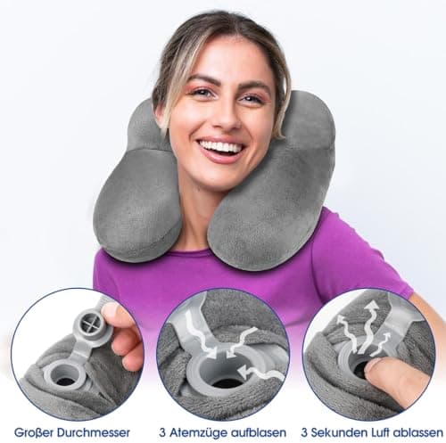 BBjinronjy Travel Pillow, Inflatable Neck Pillow for Airplane with Ear Plugs, Soft Velvet Ergonomic Neck Support Travel Pillow Inflatable for Office, Airplane, Car, Travel, Camping, Nap Pillow (Gray) — view 2