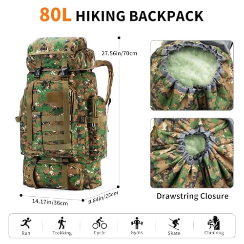 HUAXITRA Hiking Backpack Camping Military Tactical Backpack, 80L Waterproof Large Rucksack Travel Daypack for Men Women, Molle Rucksacks Climbing Backpack for Hunting Rucksack (Woodland Camo) — view 3