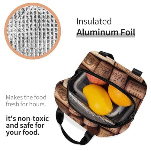 MKNAZ Wine Cork Printed Insulated Lunch Tote Bag with Aluminum Foil Lining - Portable Thermal Cooler Bag Lunch Box Organizer for Travel Work Picnics Scool — view 4