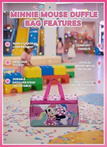 Kids Character Duffle Bag 16.5" – Travel & Sports Bag with Zipper Pocket, Mesh Side Pockets & Adjustable Strap, Minnie Mouse, 8.5 x 16.5 x 10.5 inches, Licensed Character Kids Duffle Bag — view 4