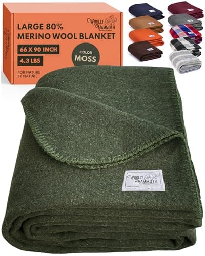 Woolly Mammoth Woolen Company Camping Essentials Merino Wool Blanket - 66in x 90in, Hunter Green, Modern Twill - Thermal Camping Blankets for Adults & Survival Use