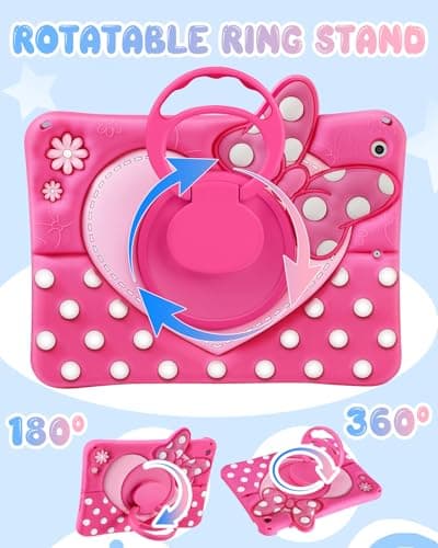 Kokaade Kids Case for iPad 9th/8th/7th Generation 10.2 Inch 2021/2020/2019 - Cute Girly Cartoon Soft 3D Bow Heart Dot Silicone Case with Strap & Rotating Stand Tablet Cover for Girls Teens — view 3