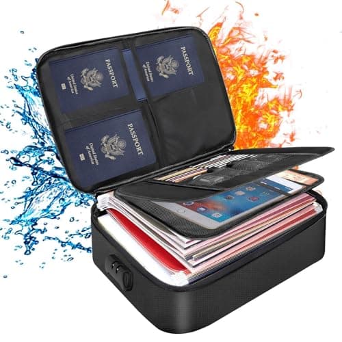 HMifjUM Fireproof Document Box, Waterproof File Organiser Box, Safe Portable Home Fire Lockable Storage Boxes, Collapsible Travel Document Holder, File Storage Boxs with Inserts Bags and Zipper (BK) — view 2