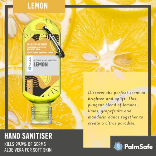 Palm Safe Lemon 60ml Anti Bacterial Premium Hand Sanitiser Travel Size Refillable Clip Bottle Quick Drying Non Sticky Extra Moisturising Kills 99.9% of Viruses and Bacteria — view 6
