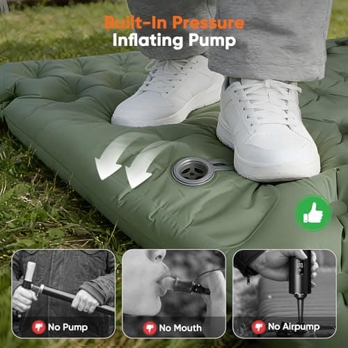 Double Camping Mat, Ultralight Self Inflating Sleeping Pad, 10cm Extra Thick Reinforced Camping Air Bed with Pillows & Built-in Foot Pump, Portable Air Mattress for Hiking Tent Backpacking (Green) — view 6