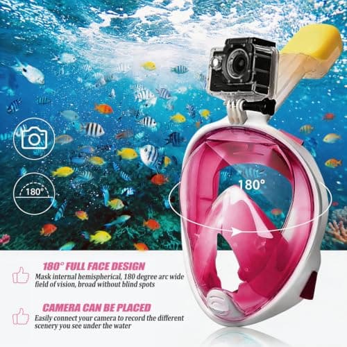 Snorkel Mask, Full Face 180°view Snorkeling Gear with Panoramic Design-Compatible Sports Camera, Diving Mask with Anti-fog and Anti-leak Technology for Adults and Kids (Pink, S/M) — view 3