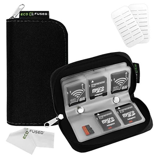 Eco-Fused Memory Card Carrying Case - Suitable for SDHC and SD Cards - 8 Pages and 22 Slots - Microfiber Cleaning Cloth Included - 22 Slots, Black