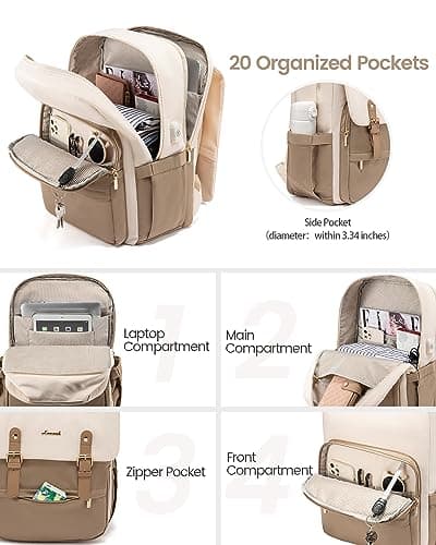 LOVEVOOK Laptop Backpack Women 15.6 inch, Vintage Rucksack Bag for Ladies, Fashion School Bags with USB Charging Port, Casual Work Daypacks for University Teacher College Travel, Beige Khaki — view 3