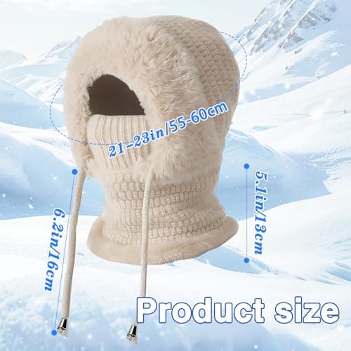 Ashloter 3 in 1 Beanie Hat for Women, 3in1 Thermal Winter Balaclava Knitted Hood with Scarf and Face Mask, Windproof Warm for Outdoor Skiing Hiking Running Skiing Cycling Ladis Men (Beige) — view 2