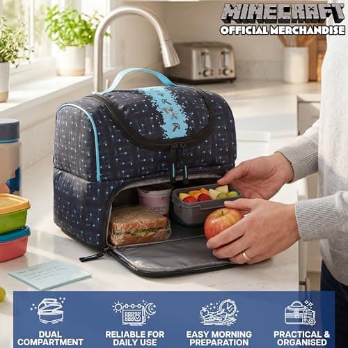 Get Trend Minecraft Kids Insulated Lunch Bag, Dual Compartment Lightweight Cooler Bag with Handle for Kids Lunch Box & Snacks, Travel School & Picnic Food Carrier, Gamer Gifts for Boys (Multi) — view 2