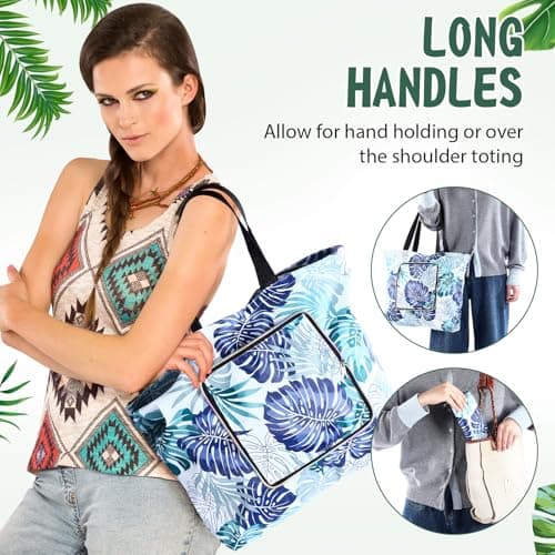 Yoojahow 12 Pcs Summer Reusable Shopping Bags Foldable Grocery Bags with Handles Zippers Large Capacity Grocery Bags Waterproof Beach Tote Bags for Women Work Gym Beach Groceries, Multi Colors — view 2