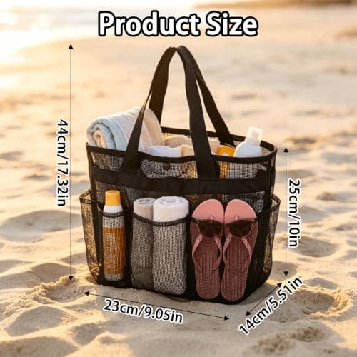 Ehuixinsheng Black Mesh Beach Bag,Lightweight Foldable Quick Dry Summer Net Beach Bag Handheld Hollow Mesh Tote Bags for Women for Family Holiday Travel Picnic Swimming Pool Grocery Organizer — view 4