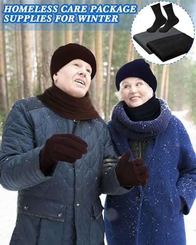 Suhine 72 Pieces Homeless Care Package Winter Gloves Socks Coral Fleece Blanket Hats Neck Scarfs Unisex Drawstring Bags, Assorted Colors, as pictures shown — view 5