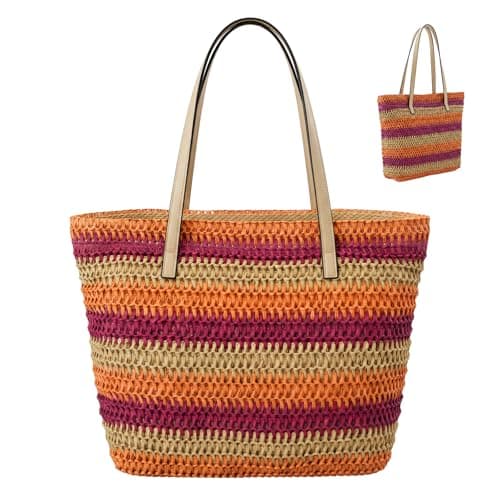 Nicole Brown Women's Straw Tote Bag Blue Multi – Woven Summer Beach Bag with Zip Closure & Interior Pocket, Lightweight Holiday Shoulder Shopper for Travel, Shopping & Beach Days