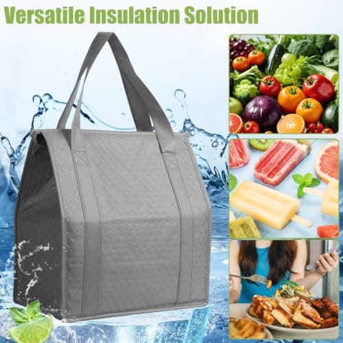VZZNN 10 Pack Insulated Grocery Bags Bulk, Reusable Shopping Bags with Sturdy Zipper & Handles, Large Foldable Washable Thermal Cooler Totes for Hot Cold Food Transport, Travel & Lunch(Grey) — view 6