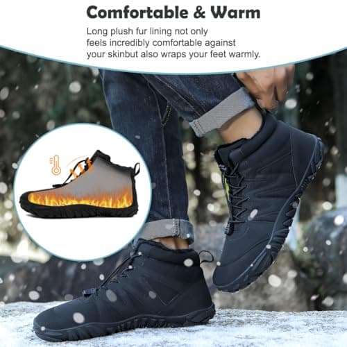 Fadezar Barefoot Boots Men Women Waterproof Snow Walking Boot Warm Fur Lining Barefoot Shoes Anti-slip Hiking Shoes 1699 Black UK 6 (CN 40) — view 2