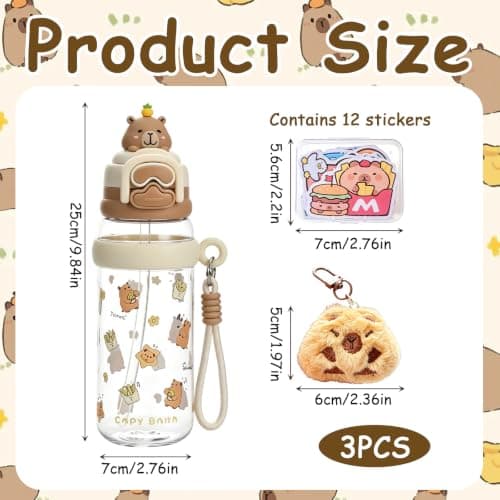 3 PCS SET Capybara Water Bottle, with Cup, Sticker and Pendant, 600 ml, White Plastic Construction, School Hydration Bottle, Outdoor Sports Companion, Capybara Enthusiast Gift, Travel Drinking Cup — view 2