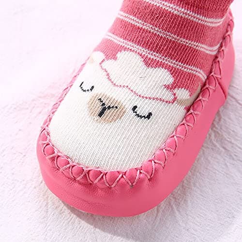 FedMois 3 Pairs Baby boys Girls Non-Skid Indoor Slipper Shoes Socks, Pink, Red and Green, 6-12 Months — view 4