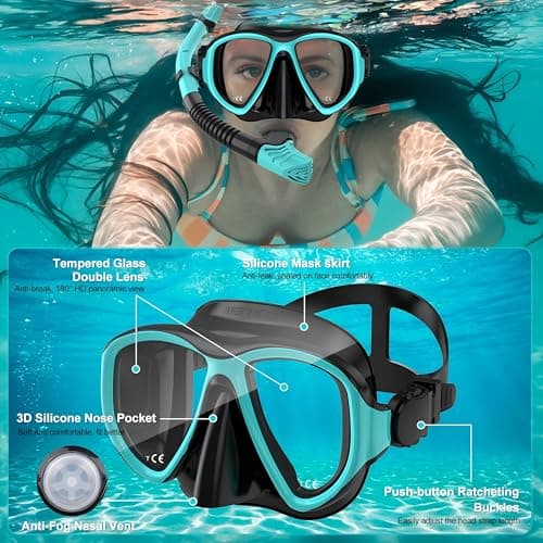 Snorkeling Gear for Adults,3 in 1 Snorkel Set with Panoramic View Diving Mask Anti-Fog Anti-Leak,Dry Top Snorkel,Fins and Travel Bag for Swimming,Snorkeling and Travel Diving — view 2