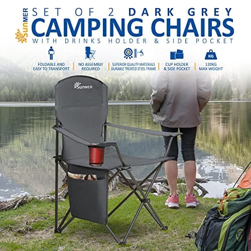 SUNMER Folding Camping Chairs - Set of 2, Extra-Wide Lightweight Outdoor Chairs with Armrests, Cup Holder and Side Pocket - 120kg Capacity per Chair - Professional Travel & Garden Seating - Dark Grey — view 4