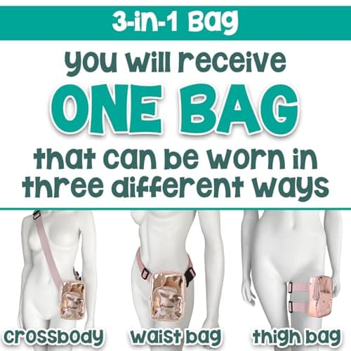 3-IN-1 Thigh Bag Fanny Pack Crossbody Bag | Carnival Leg Harness for Women | Holographic Waist Bag | Rave Leg Pack with Buckles, Rose Gold, One Size, 3-in-1 Thigh Bag, Fanny Pack, Crossbody — view 2