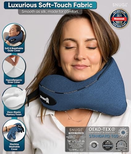 SNUGL Travel Pillow – Memory Foam Neck Pillow for Travel – Support Cushion for Airplane with Carry Bag & Clip - Holiday Essentials (Blue - Adult Small) — view 6