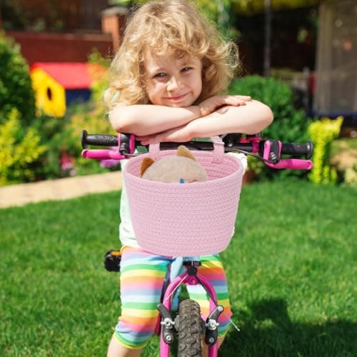Kids Bike Basket, Pink Cotton Waved Micro Scooter Basket Girls Easy to Install Bicycle Storage Carrier Bag for Kids Tricycles Balance bike — view 3